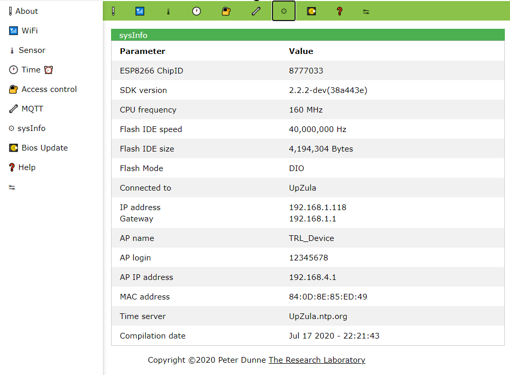 ESP 8266 information page screenshot